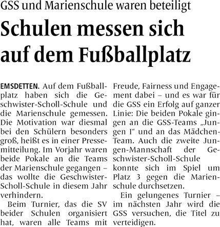 Geschwister-Scholl und Marienschule messen sich auf dem Fußballplatz