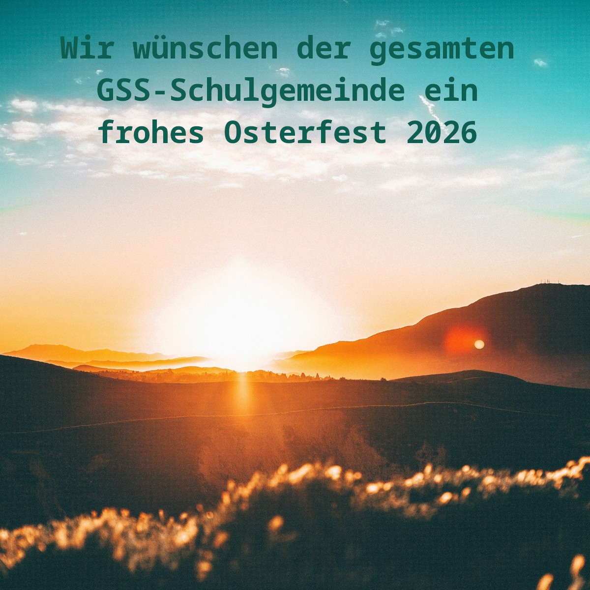 Das Bild zeigt eine Landschaft, die Sonne geht auf, das Bild symbolisiert die Ostergrüße der GSS.